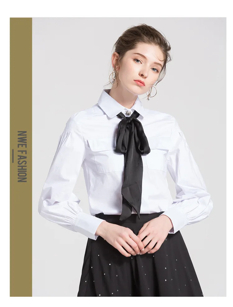 Роскошная дизайнерская женская официальная блуза на пуговицах, офисные женские топы с бантом, длинные рукава, тонкие элегантные рубашки, Белый отложной воротник