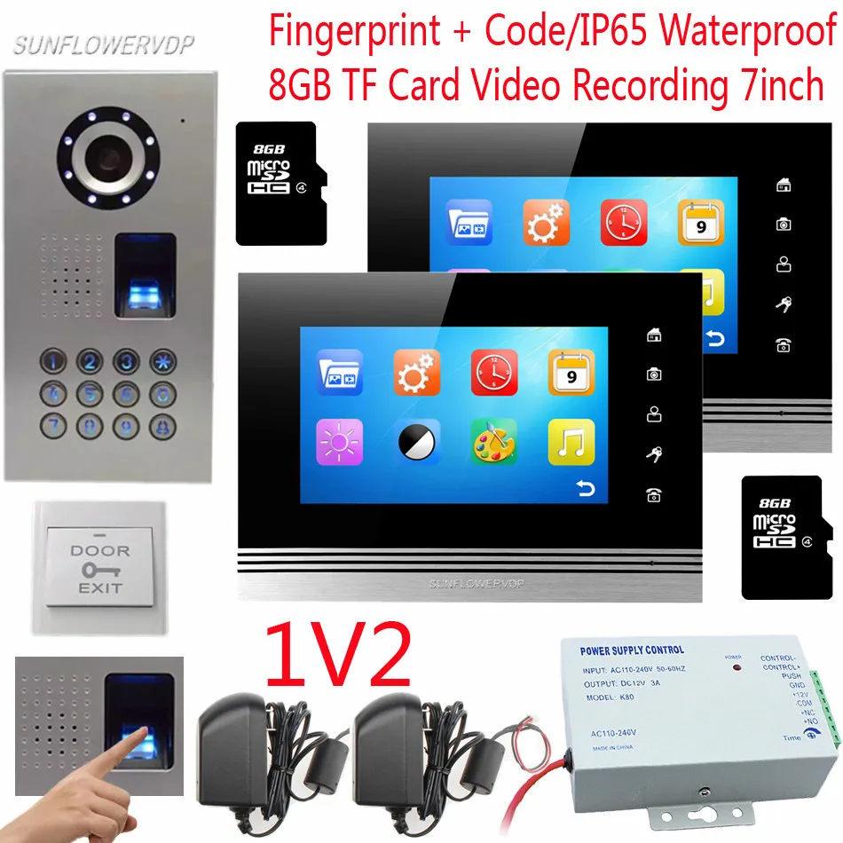 

8GB TF Card Video Recording Intercom With A Camera Fingerprint Keypad Video DoorPhone IP65 Waterproof Doorphone For 2 Apartments