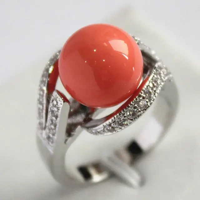 

fancy lady's silver-color with crystal decorated &12mm salmon pink shell pearl ring(#7.8.9)