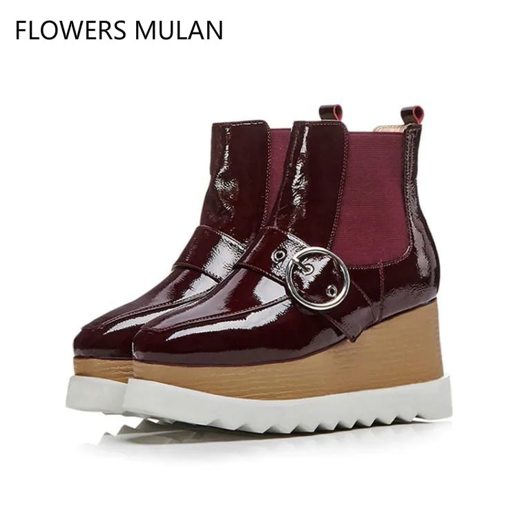 

2018 New Winter Wine Red Black Patent Leather Boots Round Toe Slip On Chelsea Ladies Botas High Wedges Heel Meatal Ring Buckle