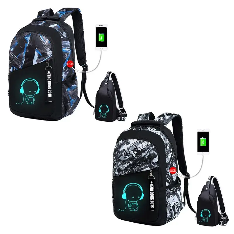 

THINKTHENDO Night Luminous Anti-Theft Backpack Daypack Shoulder School Bag USB Charger Port
