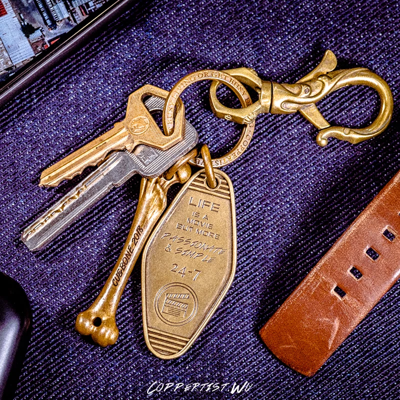 Coppertist. Wu винтажный латунный брелок для ключей ручной работы Золотое модное ретро кольцо для ключей с сумочкой кулон