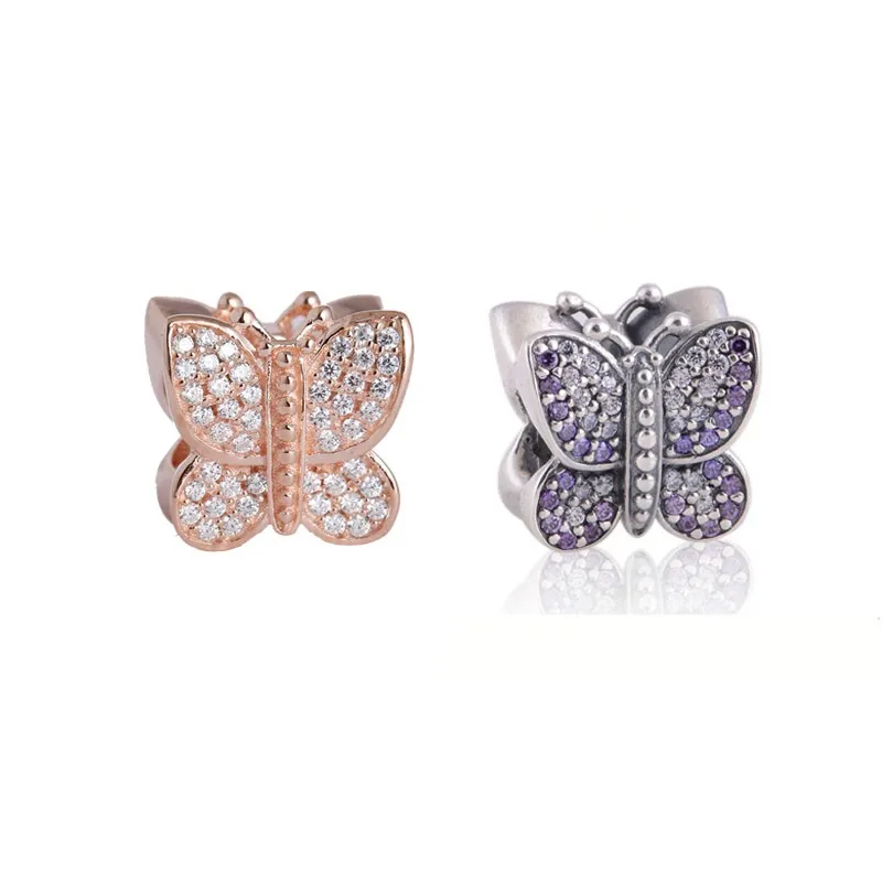 

2Pcs 100% Sterling-Silver DIY Beads Butterfly Silver Charm & CZ Stones Fits EU Bran Charms Jewelry Bracelet Wholesale SZH115