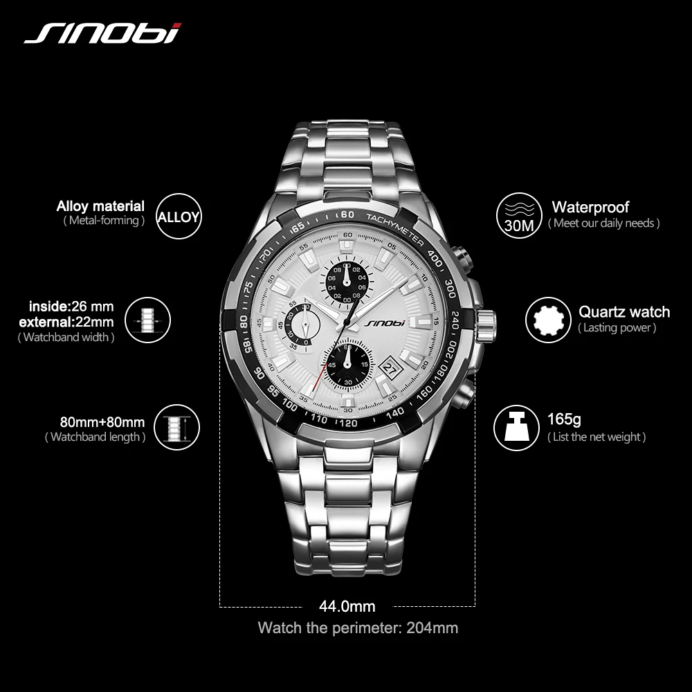 SINOBI Relojes Hombre Masculino Топ бренд класса люкс Бизнес Кварцевые наручные часы с хронографом Мужские часы Мужские Водонепроницаемые наручные часы