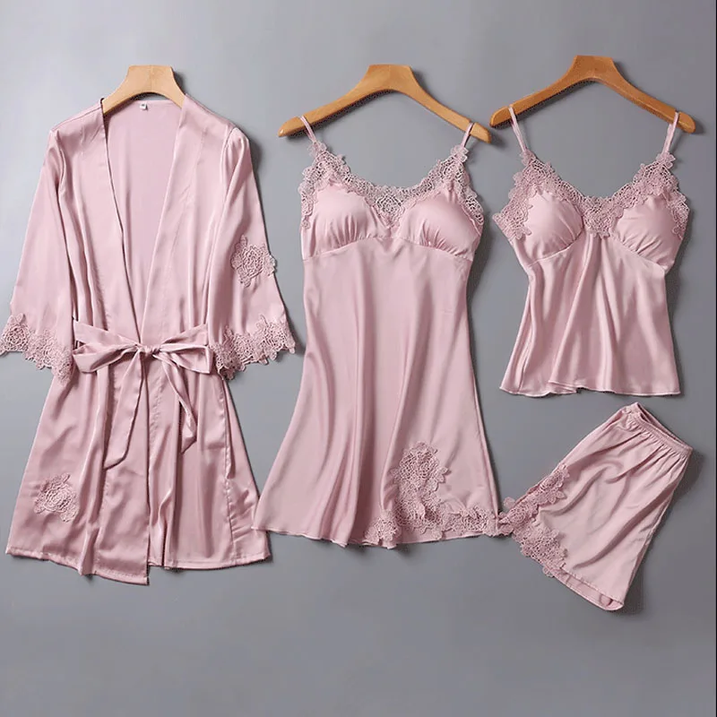 

4pcs One Lot Pajama Sets For Women Womens Pyjamas Sleepwear Pijama women Robe+Nightdress+Camisole+Shorts