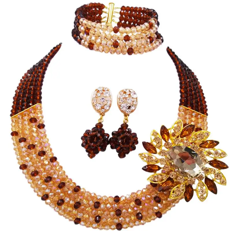 

Nice Brown Gold Color Crystal Ethnic Party Necklace Earrings Bracelet Sets 5C-SZ-10