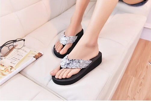 

TOYL Platform Thong Wedge Beach Sandals women slippers slip-resistant paillette beach flip flops silver