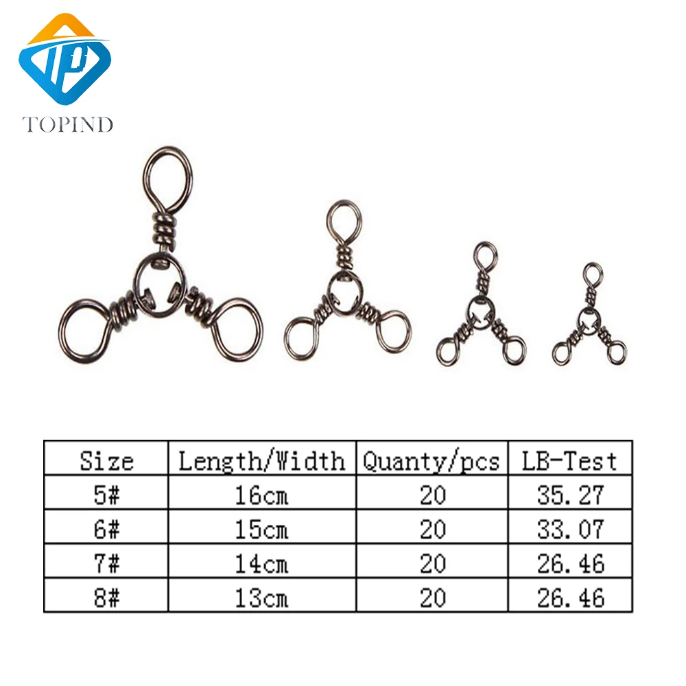 

TOPIND 20pcs 4size3 way swivel fishhooks accessories 3-way fishing swivels solid rings connector fishing accessories fish tackle
