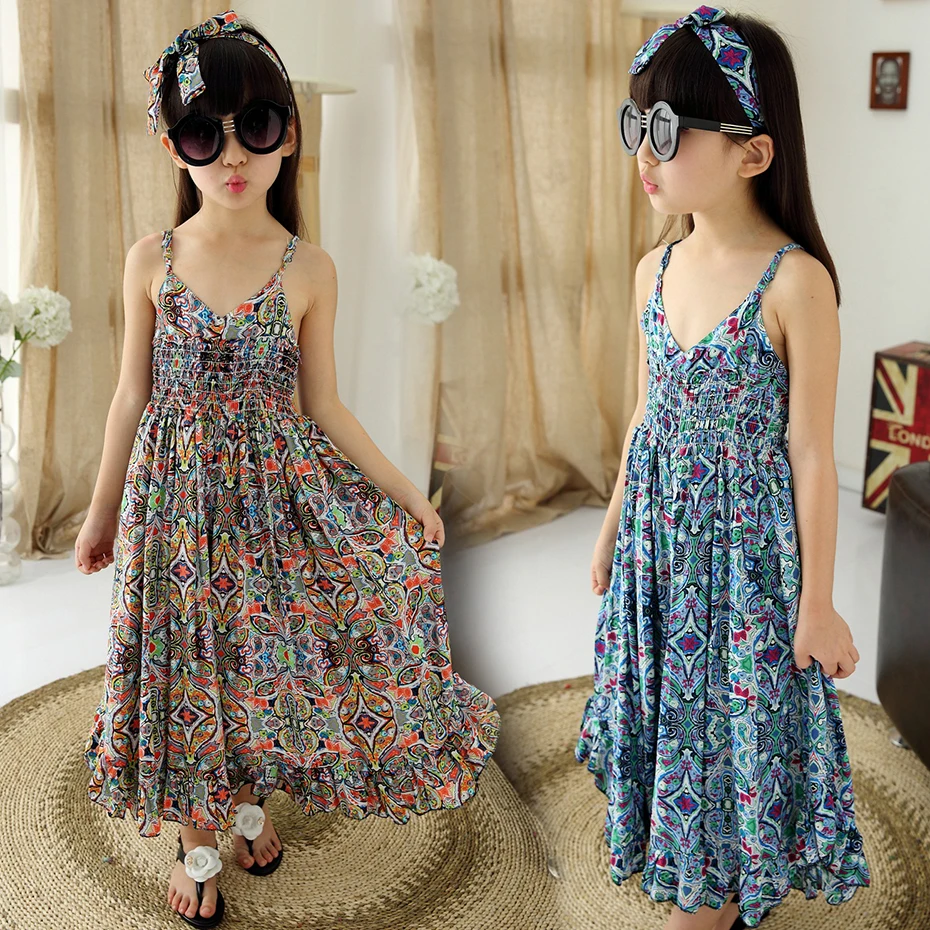 Aixinghao/летнее платье для девочек; шифоновые сарафаны для девочек; сарафан с цветочным принтом; пляжное платье для девочек 8, 10, 12, 14 лет; детская одежда для подростков