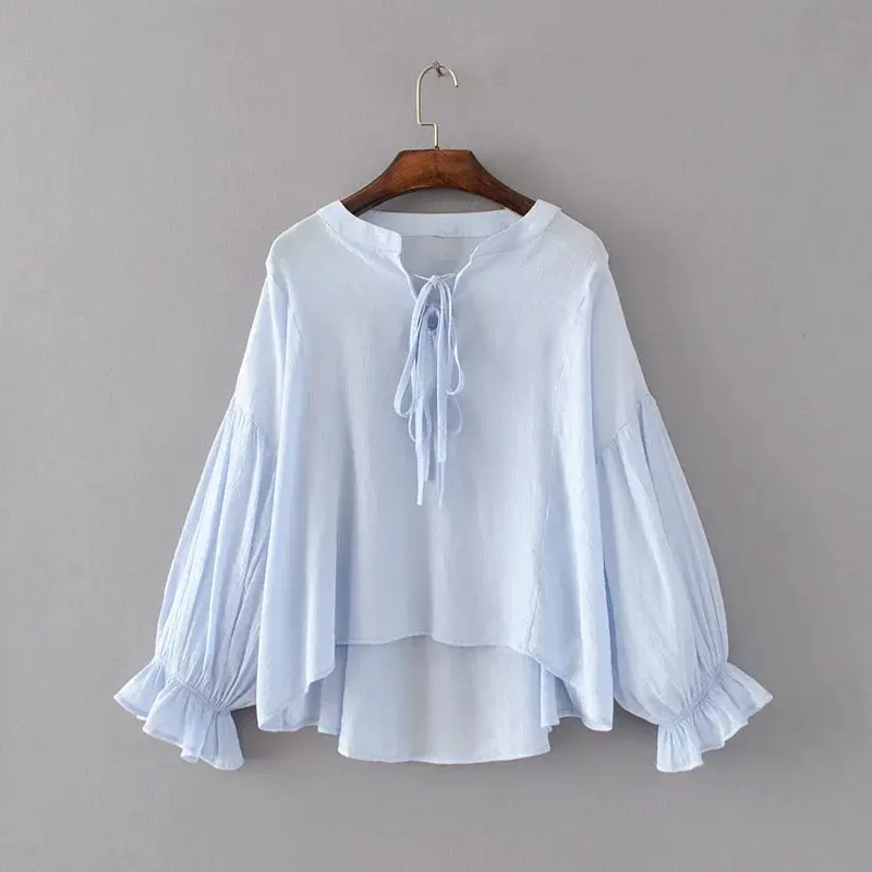 2017 Autumn New Style Women Fashion V-Neck Strap Blue Color Long Lantern Sleeve Casual Sweet Shirts &amp Blouses Plus Size |