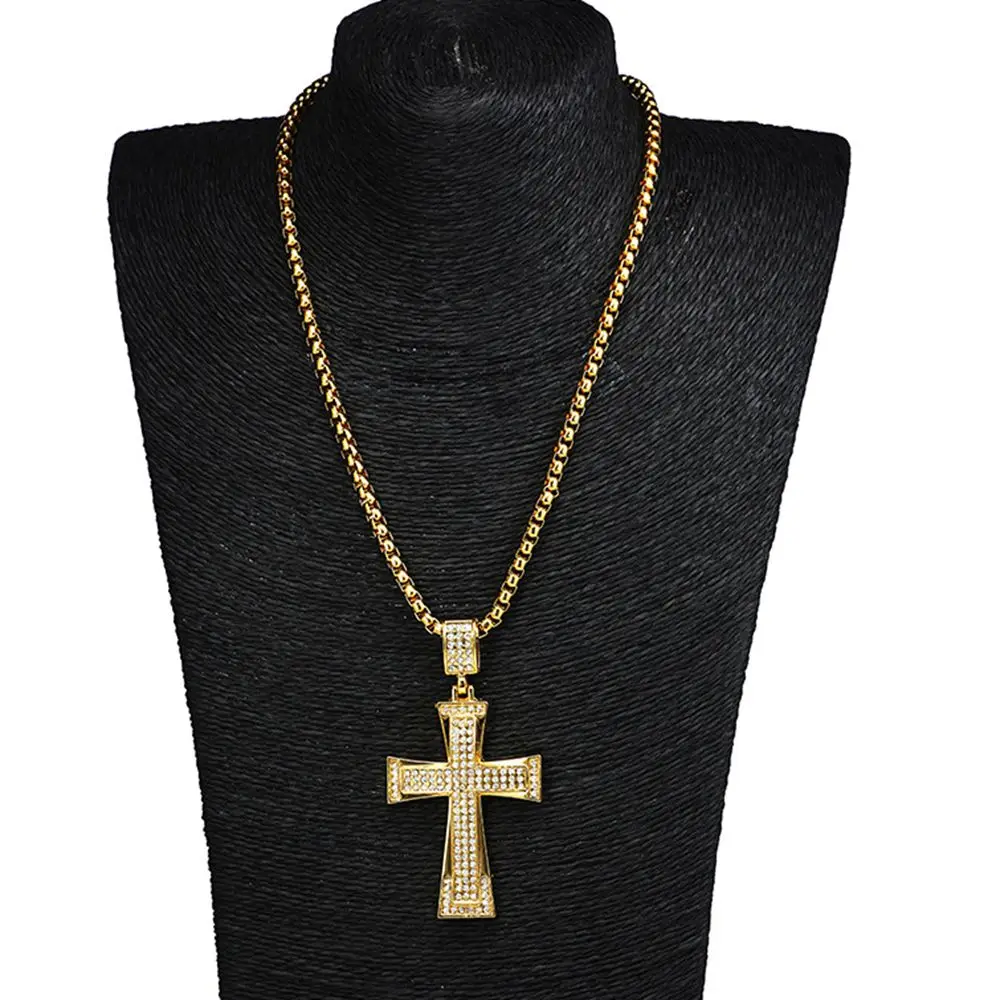 

Big Cross Pendant Chain Iced out Paved Zirconia Yellow Gold Filled Hip Hop Mens Necklace