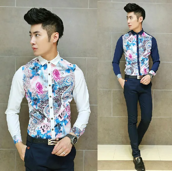 2015 Hot Sale Asian Slim Style Mens Vintage Floral Shirt Long Sleeve