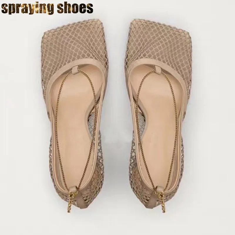 Fashion Square Toe Black Mesh Pumps Summer Women High Heels Shoes Chain Hollow Out Sexy Ladies Shoes Summer Sandals