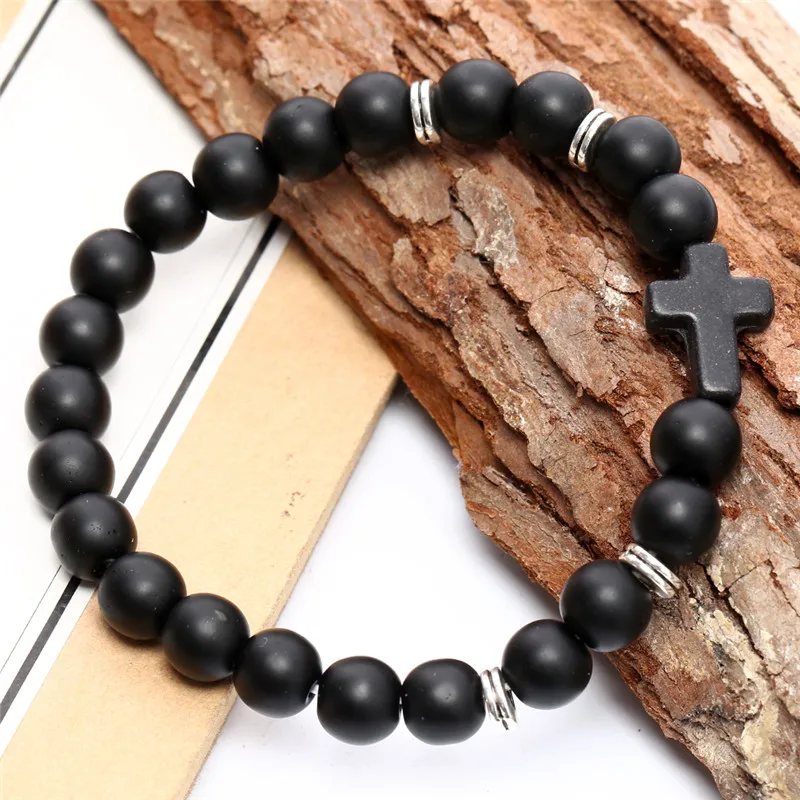 

Drop Shipping NADEEM Natural Stone Cross Unisex Bracelet Hand Work Black Volcano Matte Howlite Mala Beaded Bracelets Pulseira