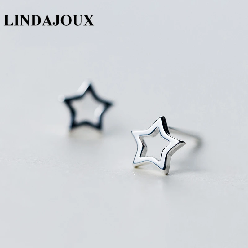

LINDAJOUX Cute 925 Sterling Silver Polished Hollow Star Stud Earrings For Women sterling-silver-jewelry Small Studs Earring