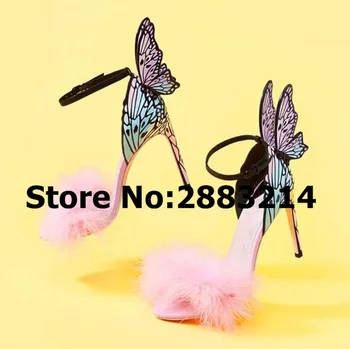 

Cut Pink Fur Open ToeMixed Color 3D Butterfly Sexy Brand Style Woman High Heels Party Dress Lady Pumps Shoes Ankle Wrap Sandals