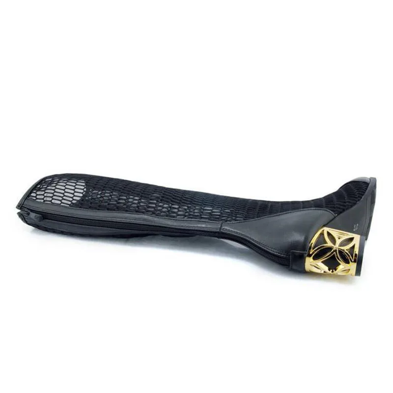 Size 34-46 New Fashion Women Knee High Boots Square heel Zipper Sexy Lace Mesh Boots Summer Cool Boots Breathable Women's Shoes