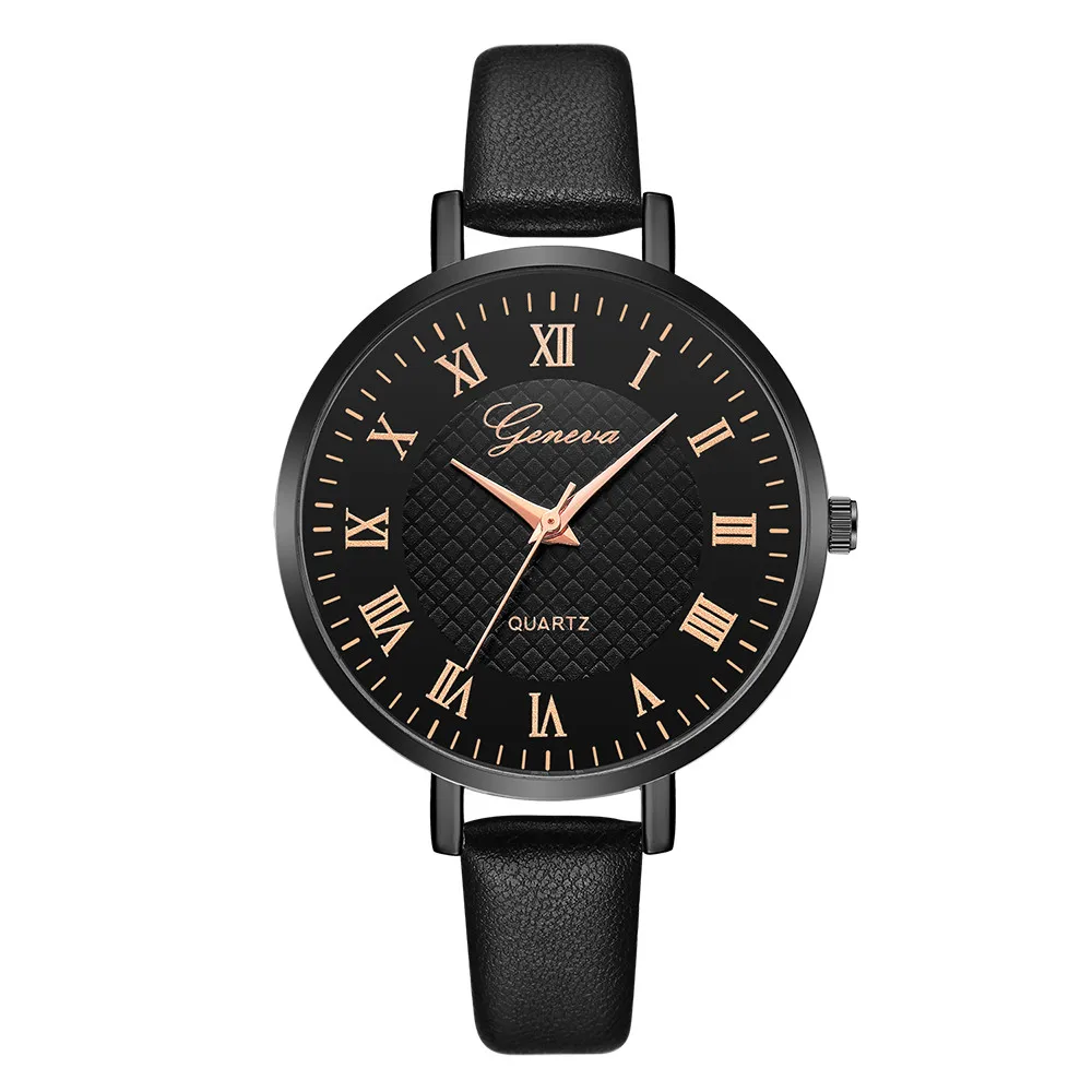 

Geneva Ladies Watch Leather Band Bracelet Analog Quartz Round Roman numerals Dial Women's Watch Dress Female Retro Clock XB40
