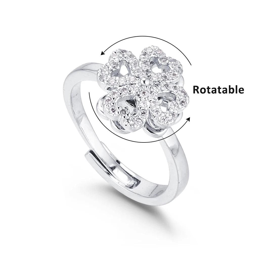 

BAFFIN Trendy Charm Cubic Zirconia Rotatable Open Ring Resizable Silver Color Flower Finger Jewelry For Women Party Accessories