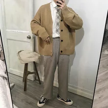 Осенняя Новая мужская мода Свободный Мужской t Повседневный Молодежный дикий акриловый однотонный простой кардиган с v-образным вырезом свитер