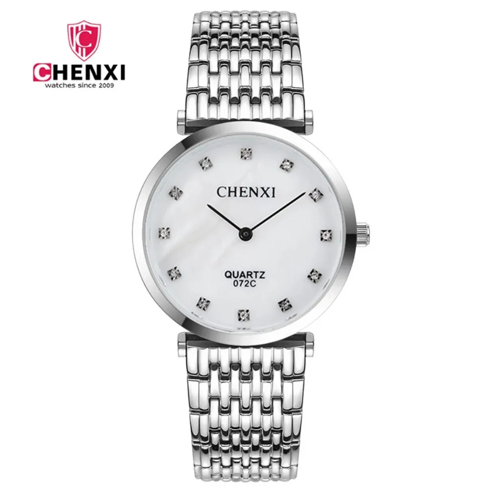 

CHENXI TOP Brand Men Watch Silver Stainless Steel Rhinestone Analog Display Quartz Watches Good Quality clock Relogio Masculino