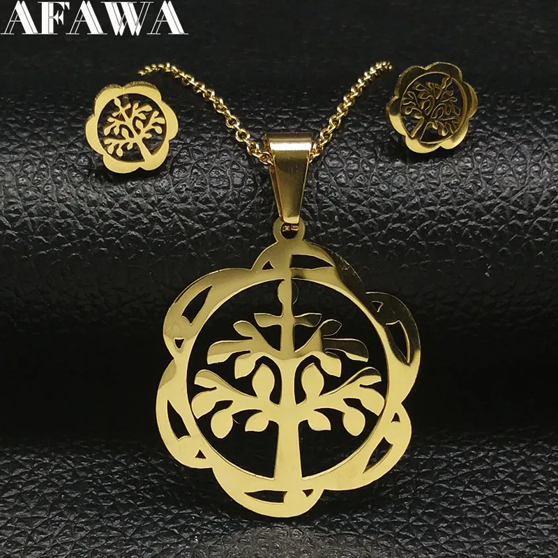 

Tree of Life Stainless Steel Jewerly Set Gold Color Necklace Earing Set Jewelry for Women jewellery arbol de la vida S178498