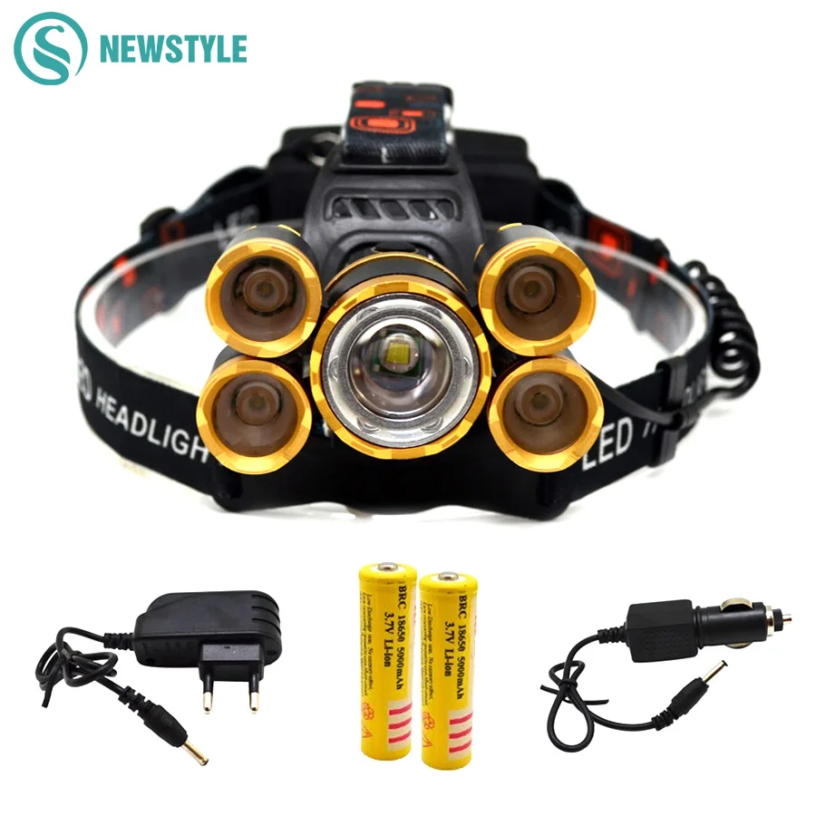 

T6+XPE LED Head Lamp 16000lm Zoomable Headlamp 5leds Headlight Tube Torch LED Flashlight+Car Charger+18650 Batteries