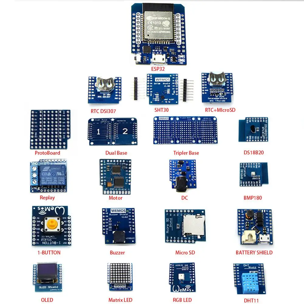 

20 EN 1 KITS TTGO wemos MINI D1 ESP32 WiFi + Bluetooth learning kit and MINI D1(OLED buzzer micro SD BMP180 WS18B20 1-button..)