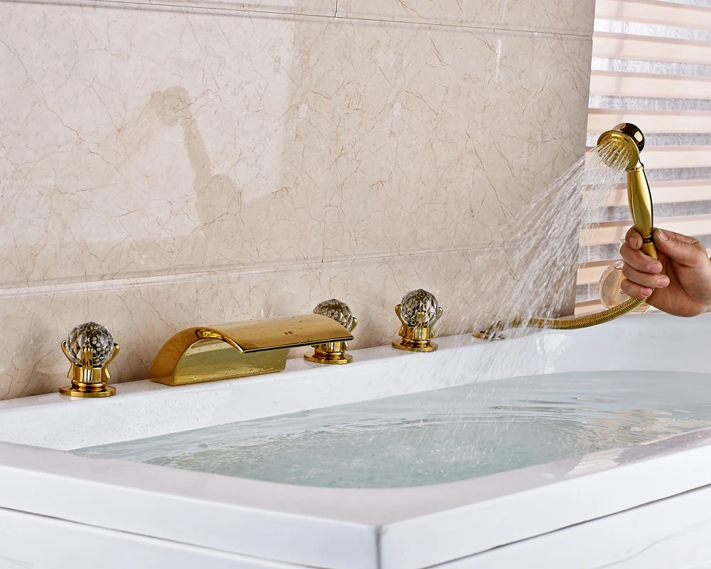 

Gold Polished Bathroom Tub Faucet Three Crystal Handles Waterfall Spout Mixer Tap With Hand Shower