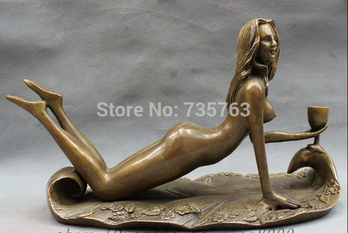 

001461 13" Chinese Bronze Carved Female Beauty Bell Hold Cup On Leaf Flower Statue