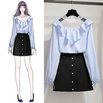 

2019 Fashion Summer Women Mesh Patchwork Chifffon Stripe Shirt Top + A Line Mini Skirt 2 Pcs Set Female Elegant Skirts Suit Z101