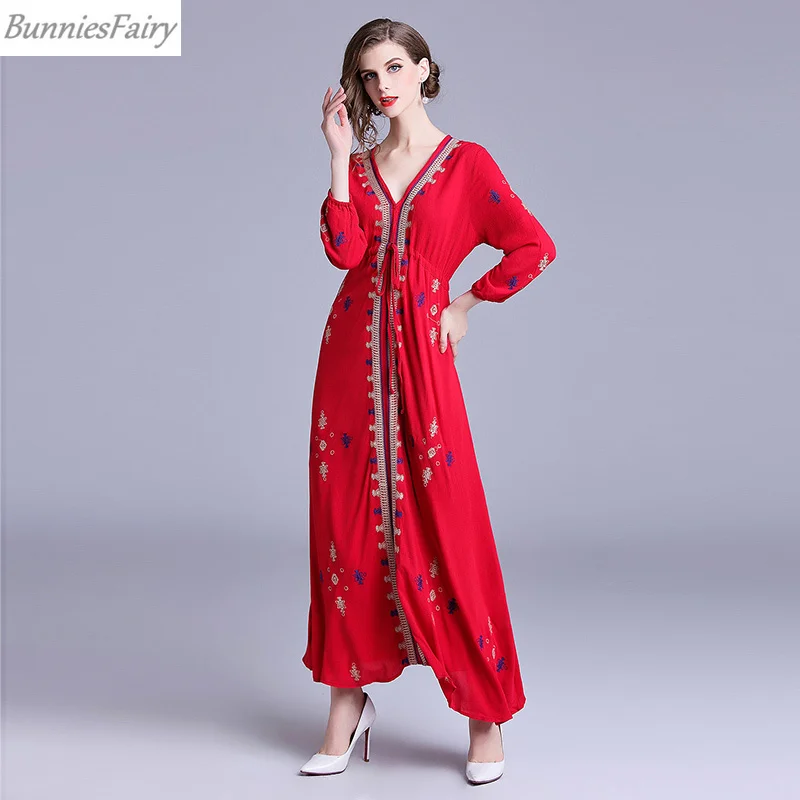 

BunniesFairy 2018 Autumn New Women Bohemian Boho Ethnic Folk Style Geometric Embroidered Long Red Midi Dress V-Neck Beach Wear