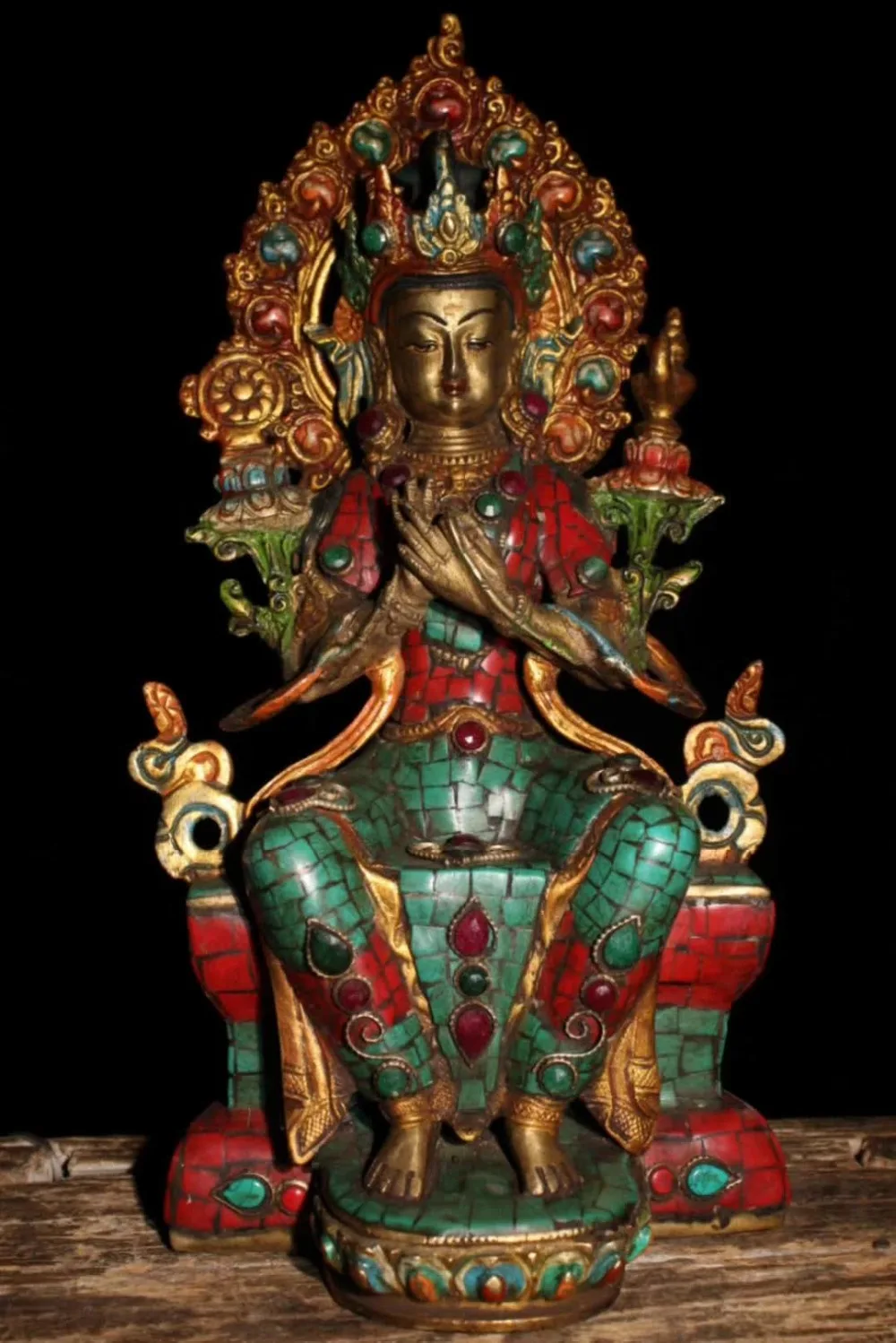 

Old Tibet Buddhism handmade pure copper inlaid Semi-precious stones turquoise now Buffalo sculpture