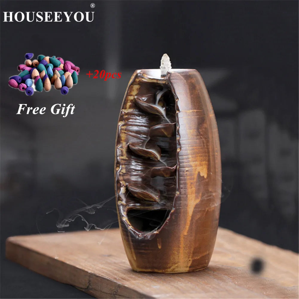 Backflow Incense Burner+ 20PCS Cones Ceramic Aromatherapy Smell Aromatic Home Office Incense Road Crafts Tower Incense Holder