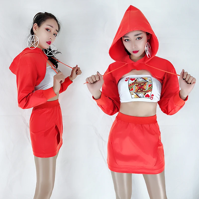 الجاز مثير المرحلة زي النساء الأحمر قمم التنانير التشجيع أزياء رقص ملهى ليلي المغني الهيب هوب Dj الأداء ارتداء DNV11105