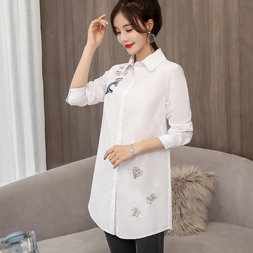  New Arrival Women Peacock Peach Flower Embroidery Long Cotton White Blouse Full Sleeve Female Shirt