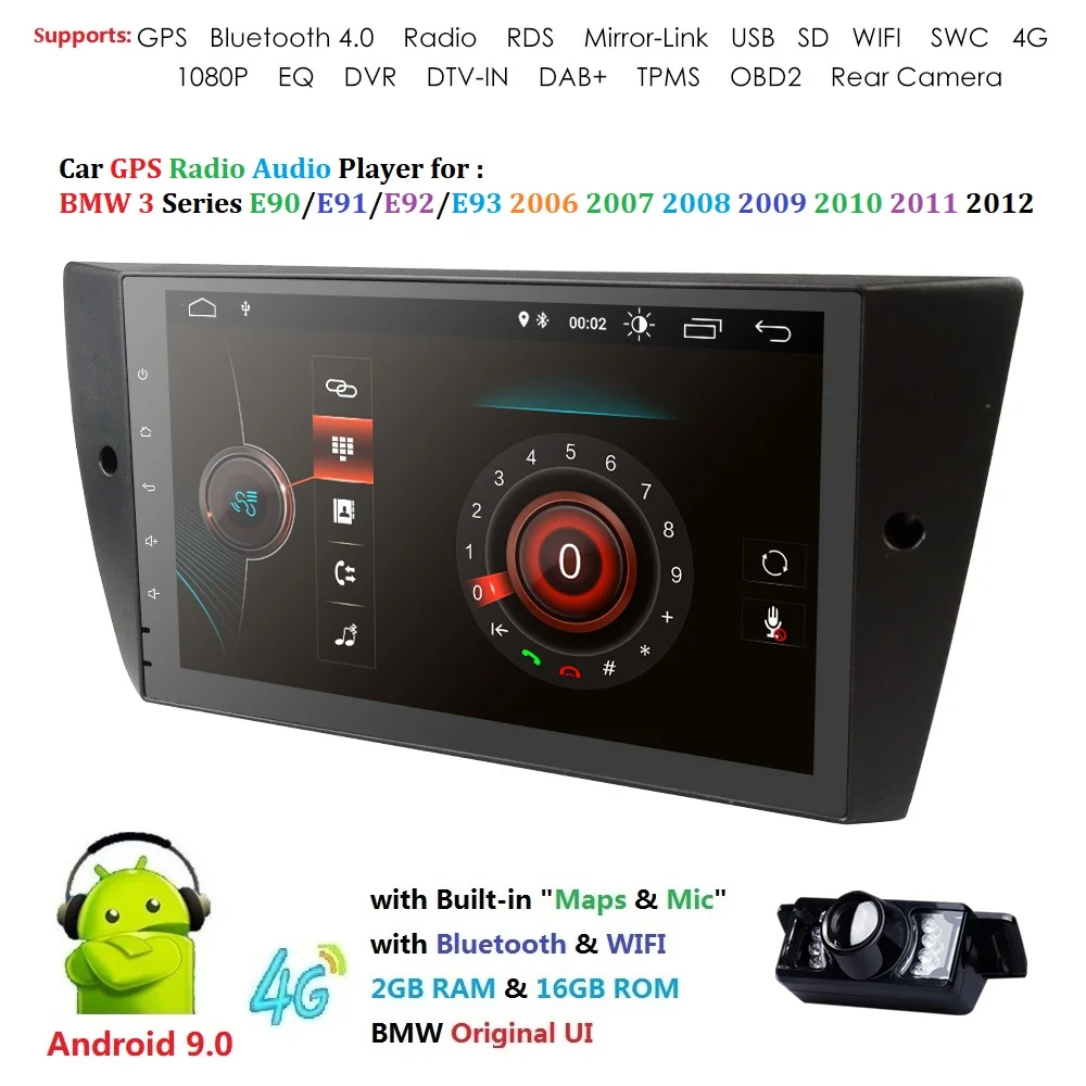 Excellent 1 Din Android 9.0 QUAD core 9 Inch Car GPS stereo For BMW E90 E91 E92 E93 2006-2012 EQ SWC 1080P OBD2 TPMS  DTV-IN Free Camera 4