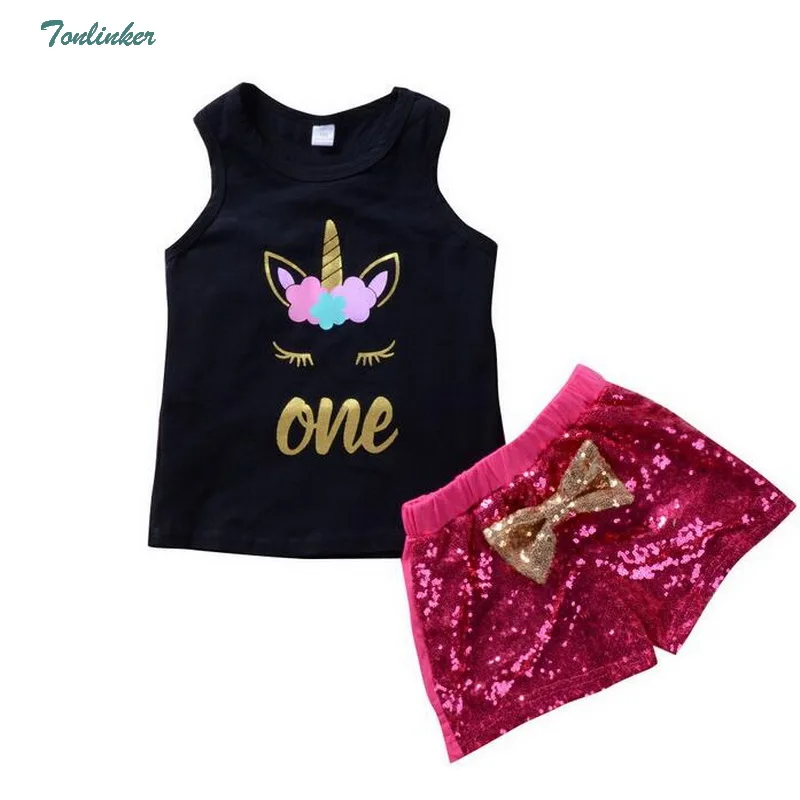 

Toddler Kids baby Girl Unicorn Clothing set Cartoon Sleeveless Vest T-shirt+sequins Sequins Outfits Cute Bow Set Clothes Cosplay