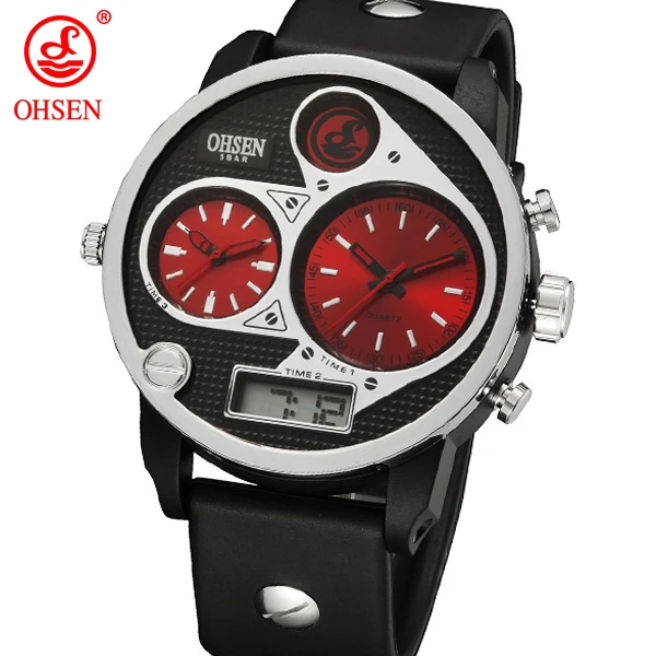 OHSEN цифровой бренд кварцевые мужские модные наручные часы montre homme две зоны дисплей резиновый ремешок желтый крутые спортивные водонепроницаемые часы - Цвет: Red