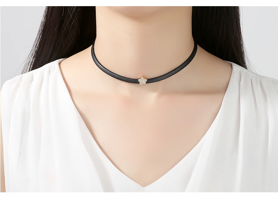 LUOTEEMI New Gothic Trendy Stylish Punk Black Leather Chain Choker Star CZ Necklace for Women Girls Bar collier boheme