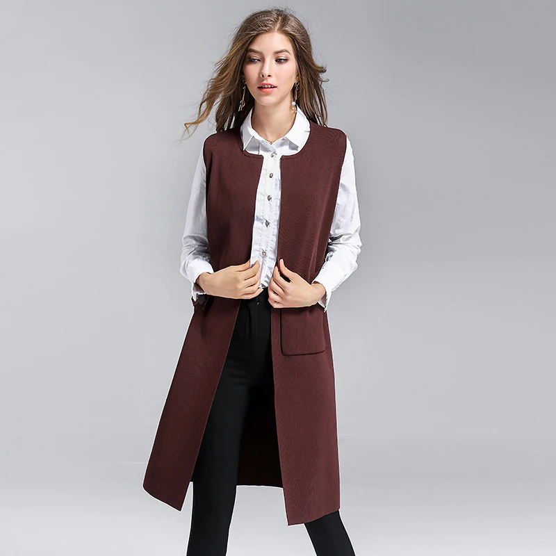 Long Vest Women Knitted Fabric Simple Designs Pockets Sleeveless Coat 2