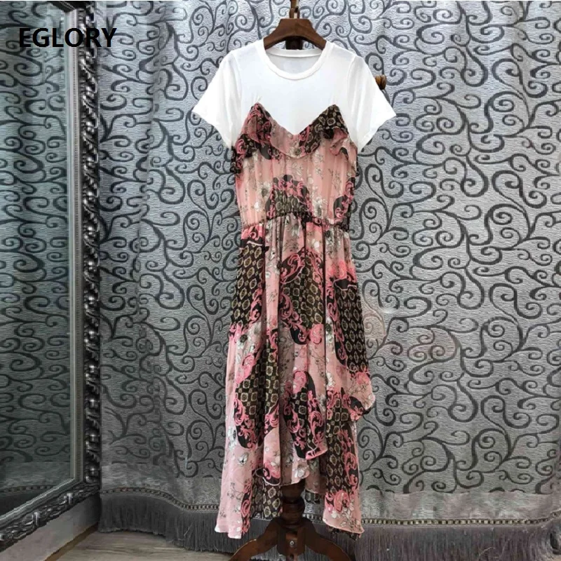

High Quality Designer Clothings 2019 Summer Dress Women O-Neck Vintage Print Patchwork Short Sleeve Casual Silk Cotton Dress