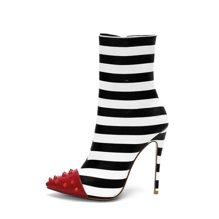 

Brand Designers Ankle Boots For Women Chic Red Rivets Studded Pointed Toe Black White Striped Leather Ladies Booties Shoes Woman