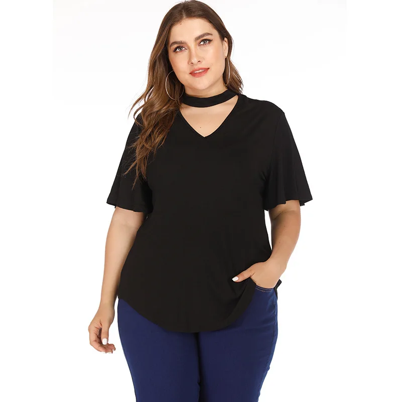 

Summer Large Sizes Women T-shirt Sexy Choker V Neck Casual Basic Plus Size Tshirts Loose Casual Top female Tunic