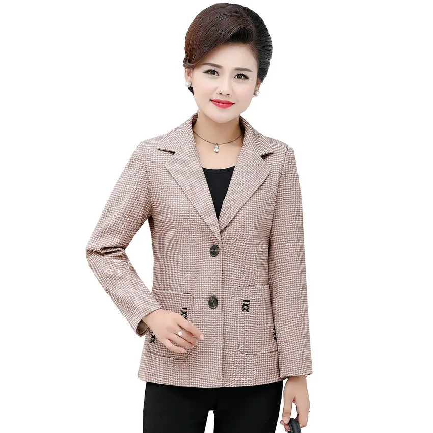 khaki plaid blazer Маленький клетчатый блейзер с рисунком для женщин среднего возраста, цвета хаки, оранжевый, серый, куртки в клетку, костюмы, женские элегантные пиджаки одежда для матери 4XL XL - Цвет: khaki plaid blazer