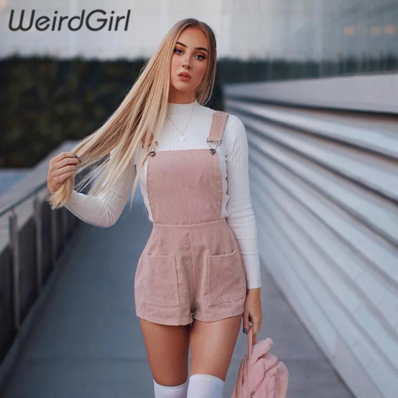 

Weirdgirl women bodysuits shoulder straps pocket solid pink jumpsuits romper femme pants backless off shoulder fashion casual