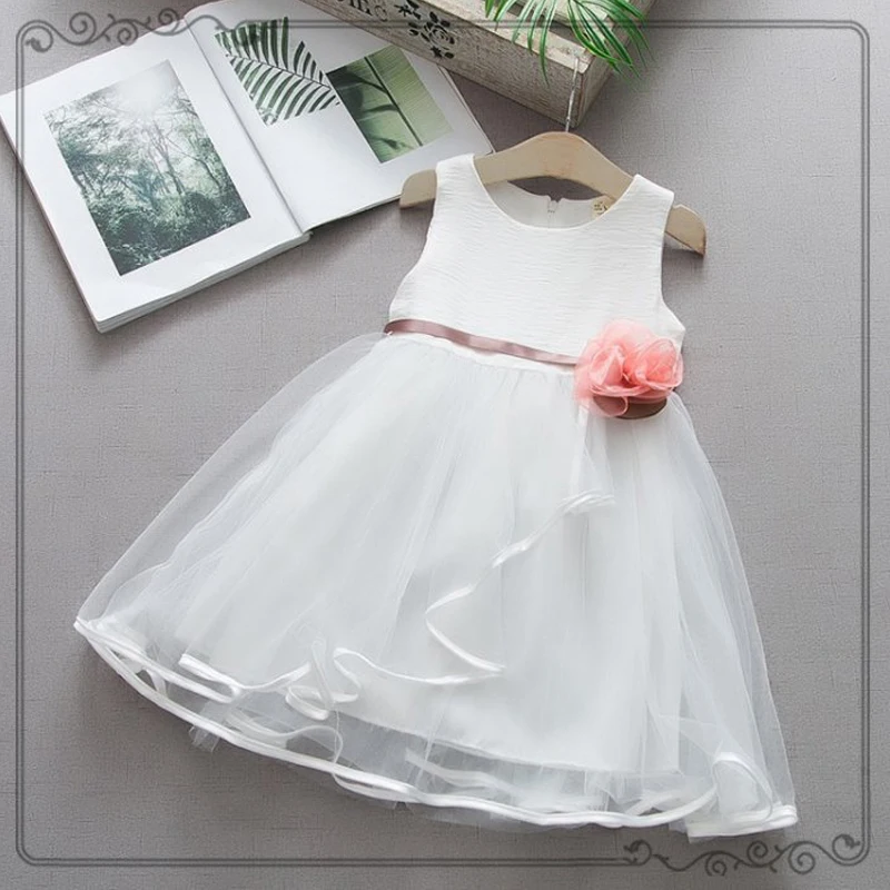 

Fashion Baby Girls Dresses Summer Cotton White Pink Blue Solid Belt With Floral Sleeveless O-neck Infant Clothing Mesh Dress 40