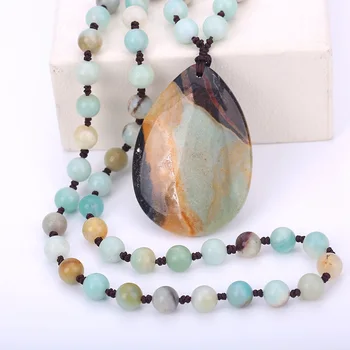 

Natural Stone Crystal Beads Necklace & Pendant Water Drop Women Necklace Long Chalcedony Fashion Sweater Chain High Choker Gift