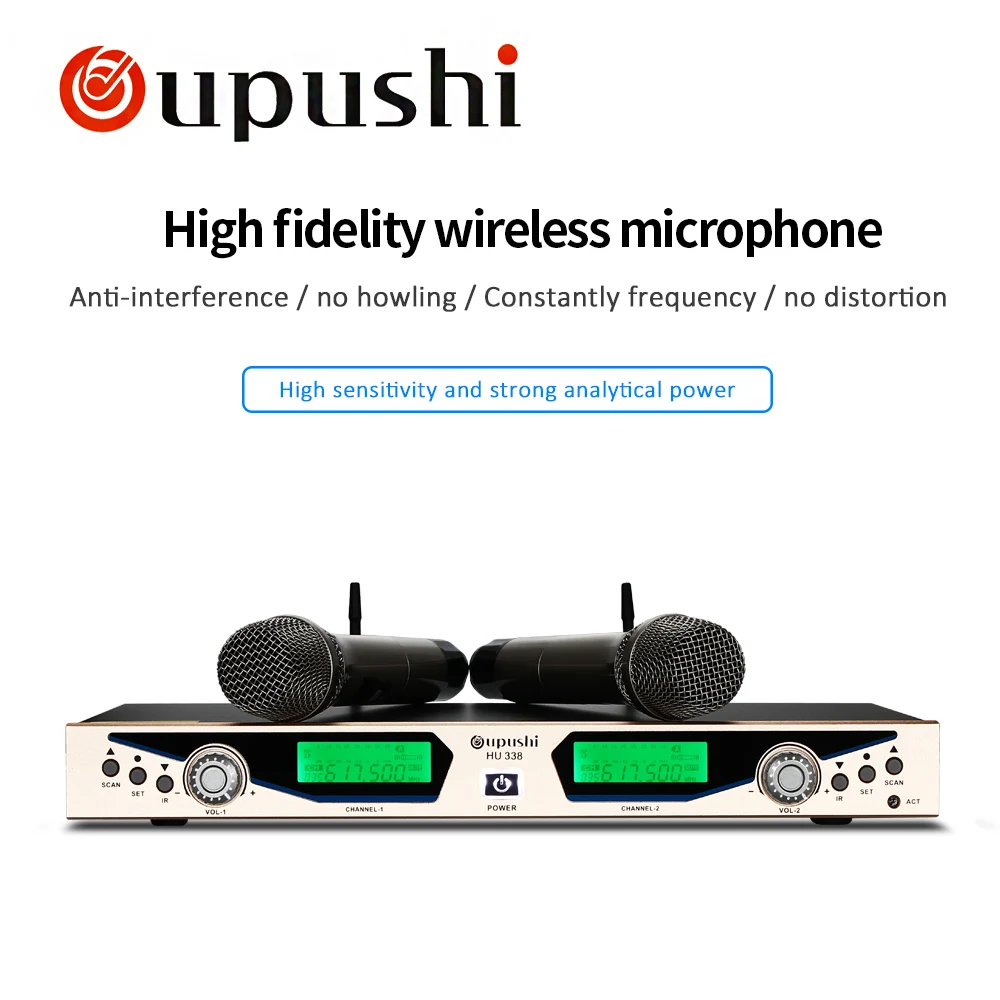 

Oupushi new HU338 Condenser Microfone Dual Channel UHF Karaoke Wireless Microphone