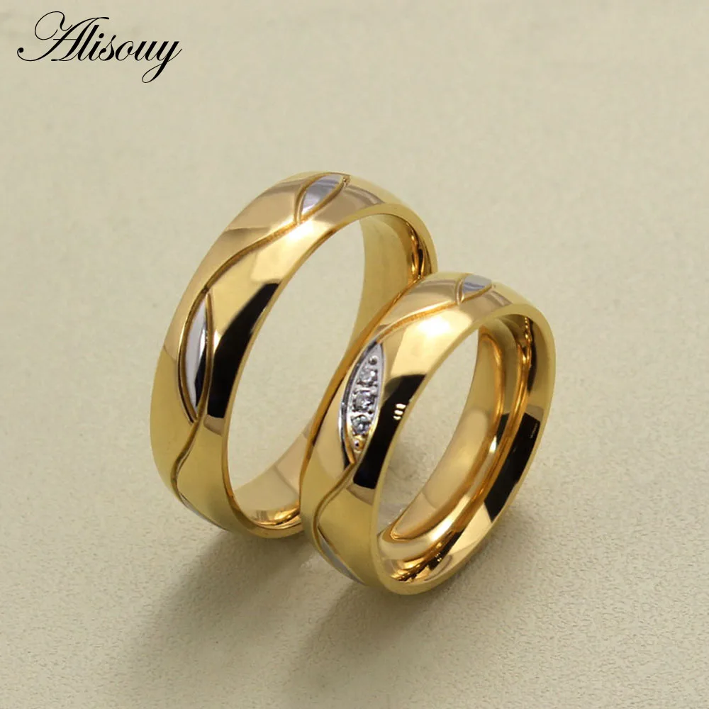 High Quality Couple Rings for Women Men Cubic Zirconia Wedding Ring Gold Color Wedding Rings Stainless Steel Female Jewelry